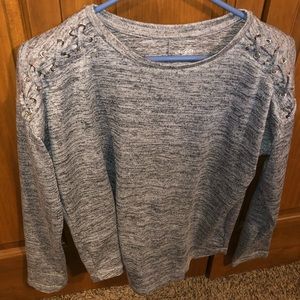 Grey and white long sleeve shirt with laces